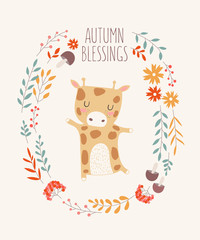 Vector postcard with giraffe surrounded by a plant wreath with autumn slogan