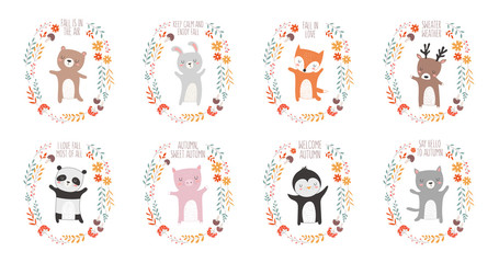 Vector collection with animals surrounded by a plant wreath with autumn slogan