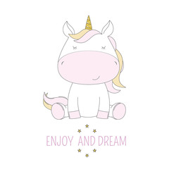 Cute cartoon unicorn in glasses with the inscription enjoy and dream.