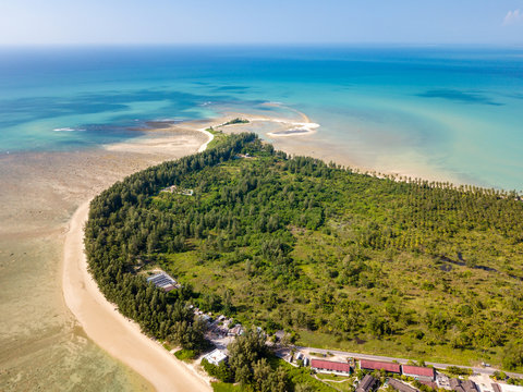Aerial drone view of a sandy beach and shallow ocean (Cape Pakarang, Khao  Lak, Thailand) Stock Photo | Adobe Stock