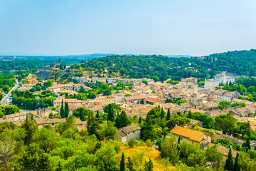 Aerial view of Villeneuve les Avignon dominated by tour philippe le bel, France