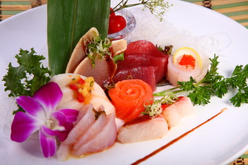 Sashimi including fresh Salmon, tuna, whitetail