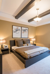Modern bright bedroom interior with designer pillows in a luxury house.