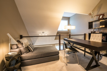 Cozy home office with a desk, bookcase, and chaise lounge. Interior design.