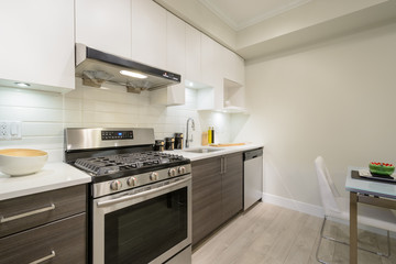 Modern, bright, clean kitchen interior with stainless steel appliances in a luxury apartment.