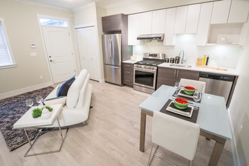 Bright living room with sofa and kitchen with dinner table. Interior design