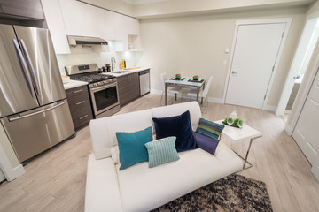 Bright living room with kitchen and dinner table. Interior design.