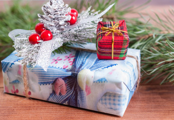 Gift boxes, spruce branches