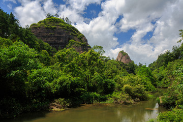 Wanfoshan Danxia Landform, Mount Wanfo. General Stone River Scenic Area. Tongdao Dong Nationality Autonomous County, Hunan Province China. UNESCO World Heritage Location, Exotic Red Danxia, Water