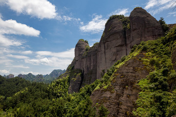 Fototapeta na wymiar Camel Peak Scenic Area of Lang Mountain, Langshan - China National Geopark, Xinning County Hunan province. Unique Danxia Landform, UNESCO Natural World Heritage. Red Danxia, Viewing Platform