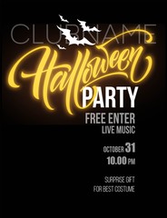 Halloween party poster with flying bats and yellow moon