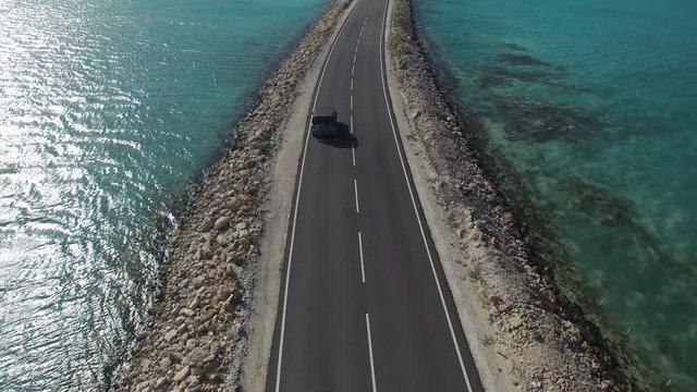 Aerial, tropical roadway in Turks and Caicos
