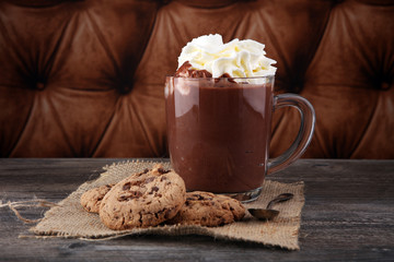 hot chocolate with cocoa and chocolate chip cookies.