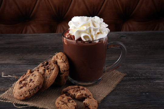 hot chocolate with cocoa and chocolate chip cookies.