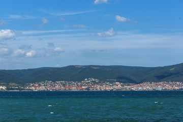 Fototapeta na wymiar Panorama from coastline of Nessebar to resorts of Sunny Beach, St. Vlas and Elenite, Burgas Region, Bulgaria