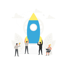 Startup business illustration. People are happy to launch a rocket. Innovation technology start up. Spaceship launch to the sky.