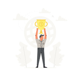 Obraz premium Businessman hold the large gold trophy over head. Vector startup business illustration. Success, champion, victory, money.