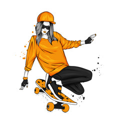 Stylish skater in jeans and sneakers. Skateboard. Vector illustration for a postcard or a poster, print for clothes. Street cultures. © juliagrin
