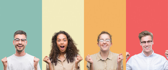 Collage of a group of people isolated over colorful background celebrating surprised and amazed for...
