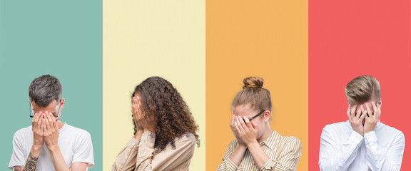 Collage of a group of people isolated over colorful background with sad expression covering face...