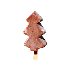 Ice cream in the form of a Christmas tree isolated on the white background. Chocolate ice dessert on stick, eskimo pie, ice crystals, frost. Festive Christmas treat
