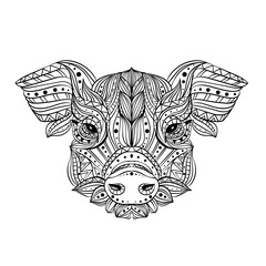 Head of a wild boar. Meditation, coloring of the mandala. Pig head with fangs and hair. Drawing manually, templates. Zentangle art. 