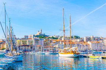 Basilique Notre-Dame de la Garde overlooking port vieux in Marseille, France