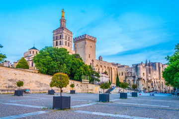 Sunset view of Palais de Papes and the cathedral in Avignon, France