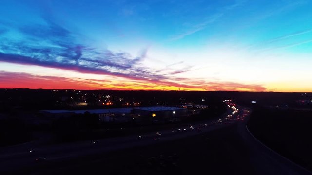 Aerial, city of Raleigh at dusk