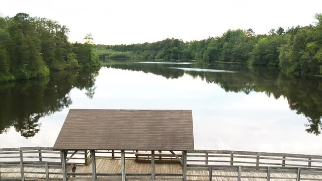 Wooden bridge over lake, aerial