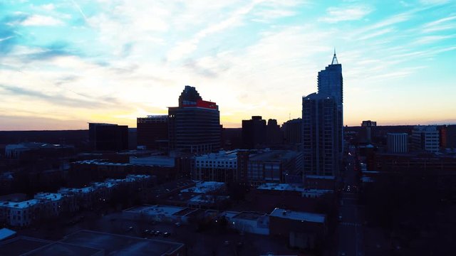 Sunset over Raleigh skyline, aerial