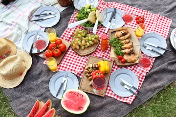 Photo sur Plexiglas Pique-nique Couverture avec de la nourriture préparée pour le pique-nique d& 39 été à l& 39 extérieur