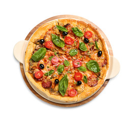 Tasty fresh homemade pizza on white background, top view