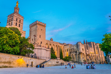 Sunset view of Palais de Papes and the cathedral in Avignon, France