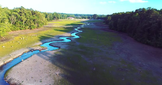 Wide aerial, river landscape in North Carolina