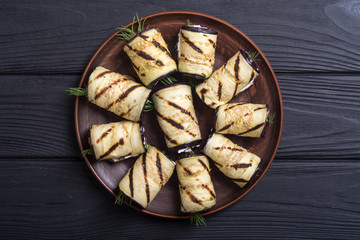 Grilled eggplant (aubergine) rolls with cream cheese