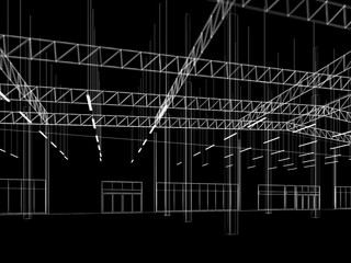 sketch design of interior warehouse, 3d rendering