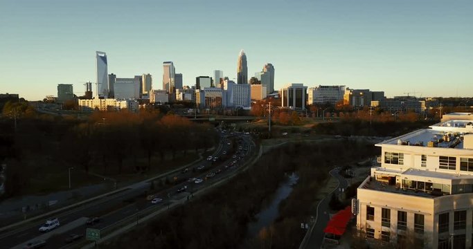 Urban setting in Charlotte, wide aerial