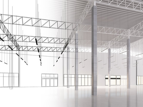 sketch design of interior warehouse, 3d rendering