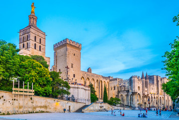 Sunset view of Palais de Papes and the cathedral in Avignon, France