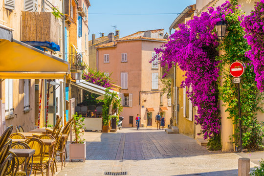 View of a narrow street in the center of Saint Tropez, France