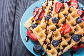 Belgian waffles with strawberry and blueberry