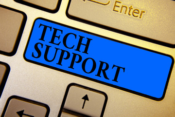 Conceptual hand writing showing Tech Support. Business photo text Assisting individuals who are having technical problems Keyboard blue key create computer computing reflection document