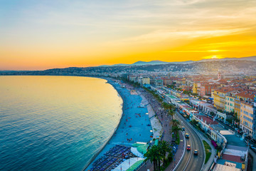 Sunset view of seaside of Nice, France