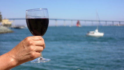 Close up hand holding wine glass by bay