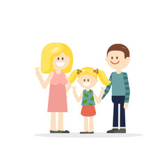 Cartoon cheerful family of young parents with little girl showing two fingers isolated on white background