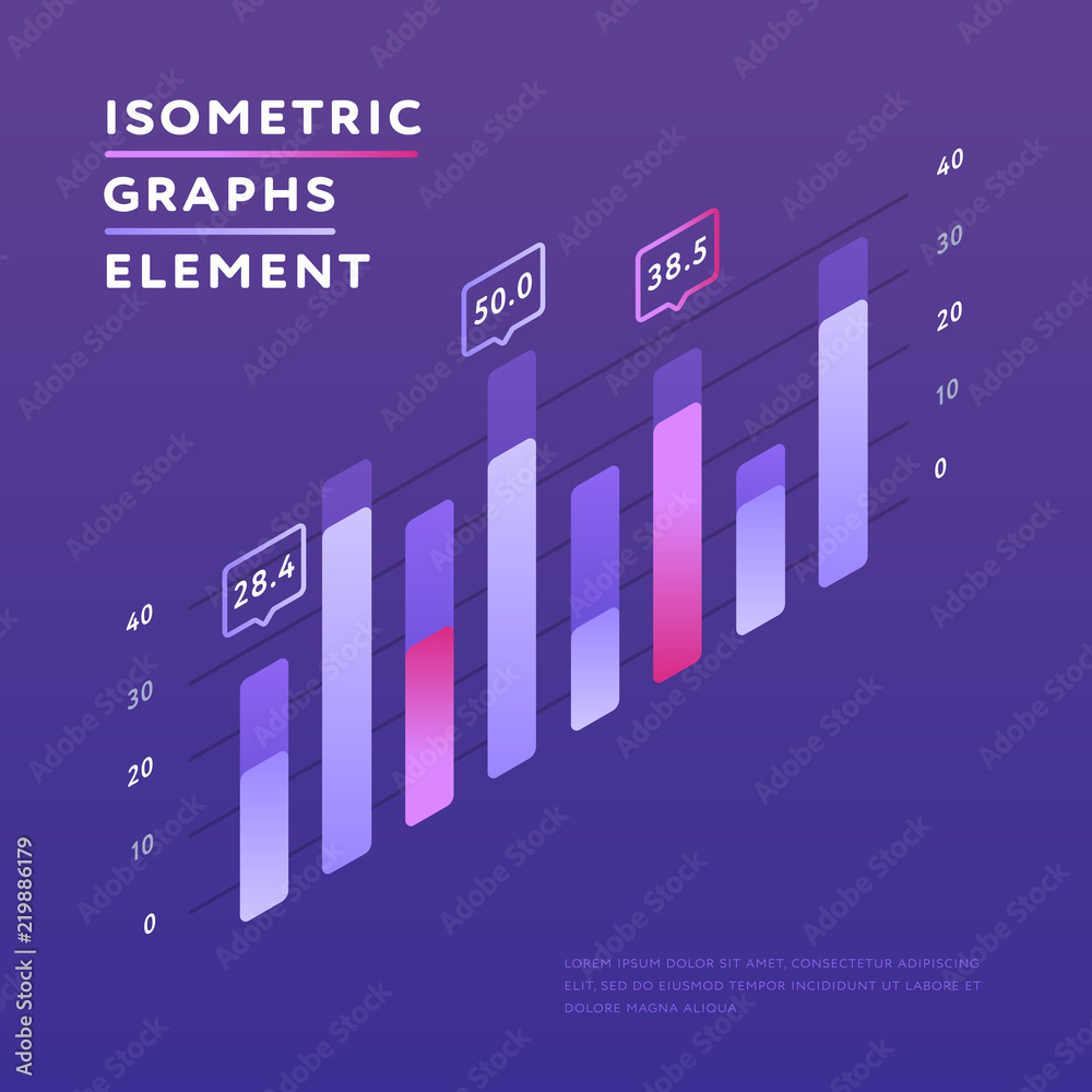 Sticker Stylish vector design of isometric graph with information presentation on purple background