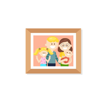 Vector design of simple photo frame with picture of cheerful parents and kids isolated on white background