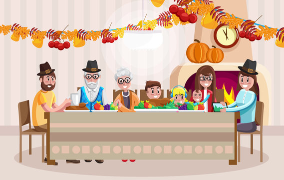 Happy Family With All Generations Gathering At Table And Celebrating Thanksgiving Day In Cartoon Style