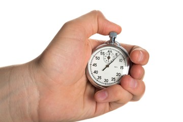 Close Up Of Hand Holding Stopwatch on White Blackground